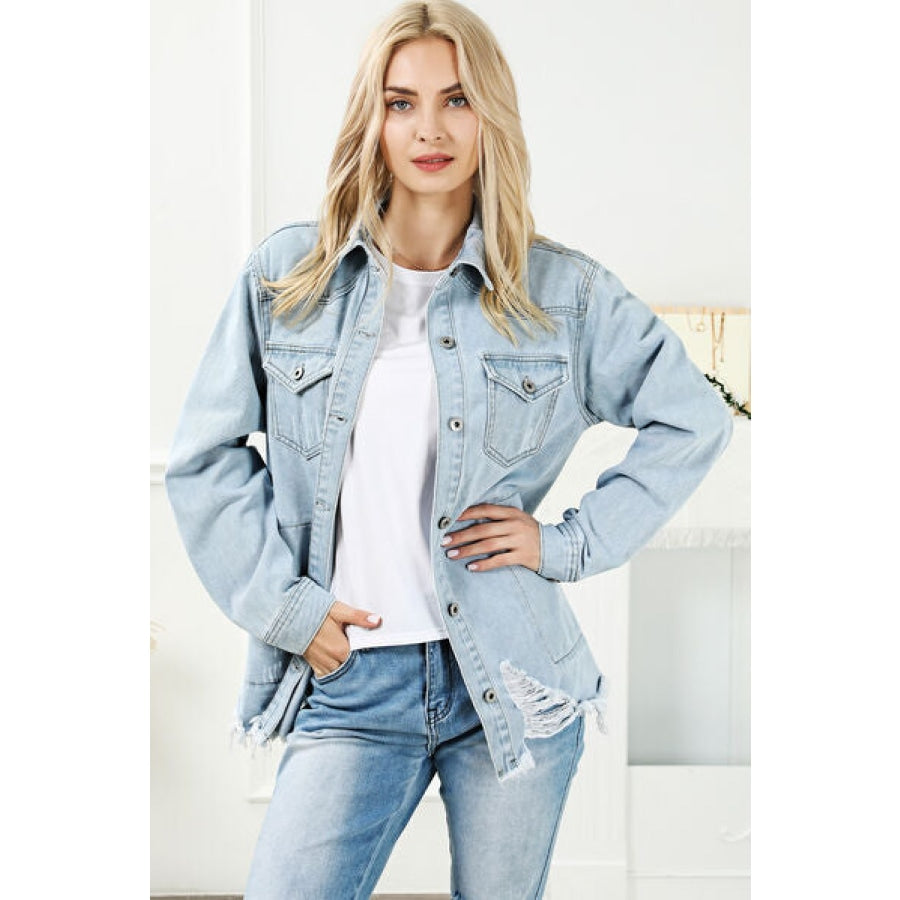 Distressed Button Up Frayed Hem Denim Jacket Misty Blue / S Clothing