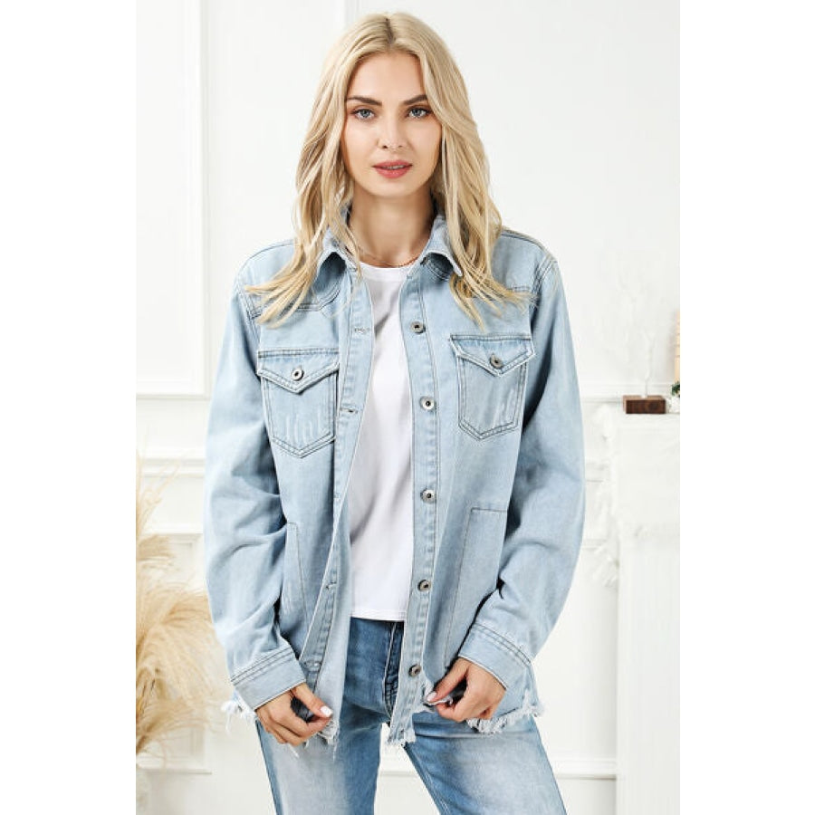 Distressed Button Up Frayed Hem Denim Jacket Clothing