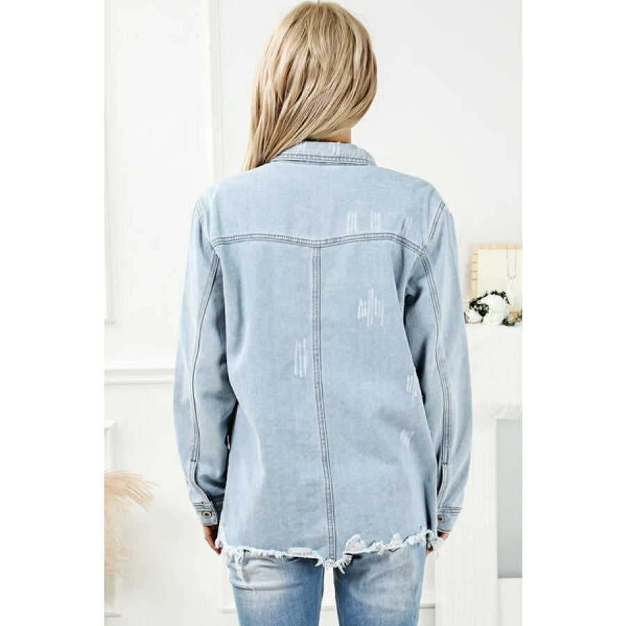 Distressed Button Up Frayed Hem Denim Jacket Clothing