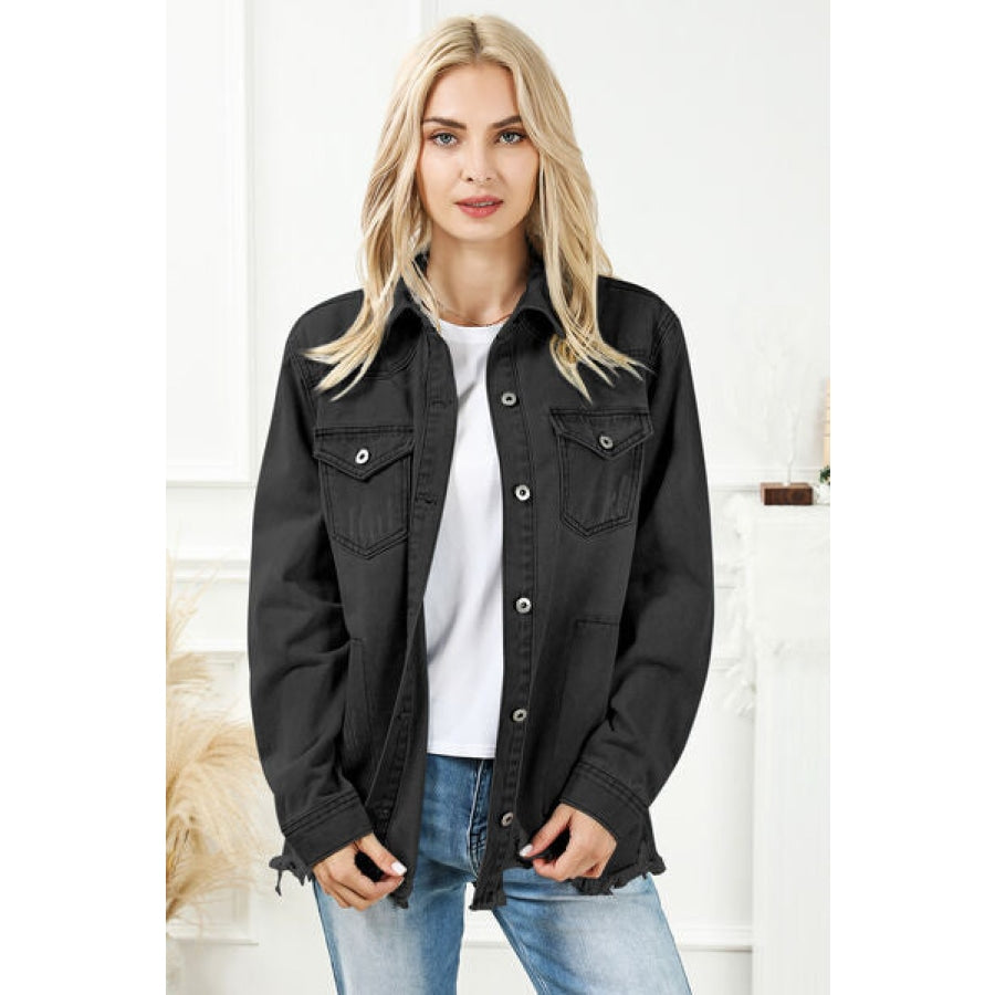 Distressed Button Up Frayed Hem Denim Jacket Clothing