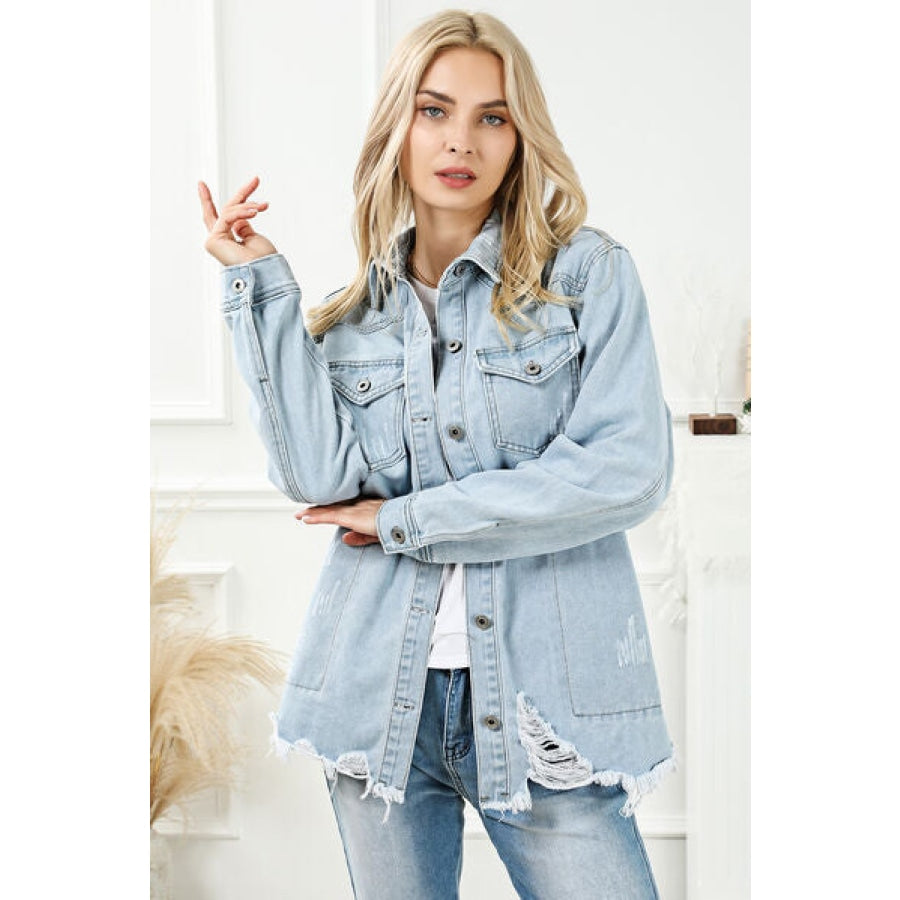 Distressed Button Up Frayed Hem Denim Jacket Misty Blue / S Clothing