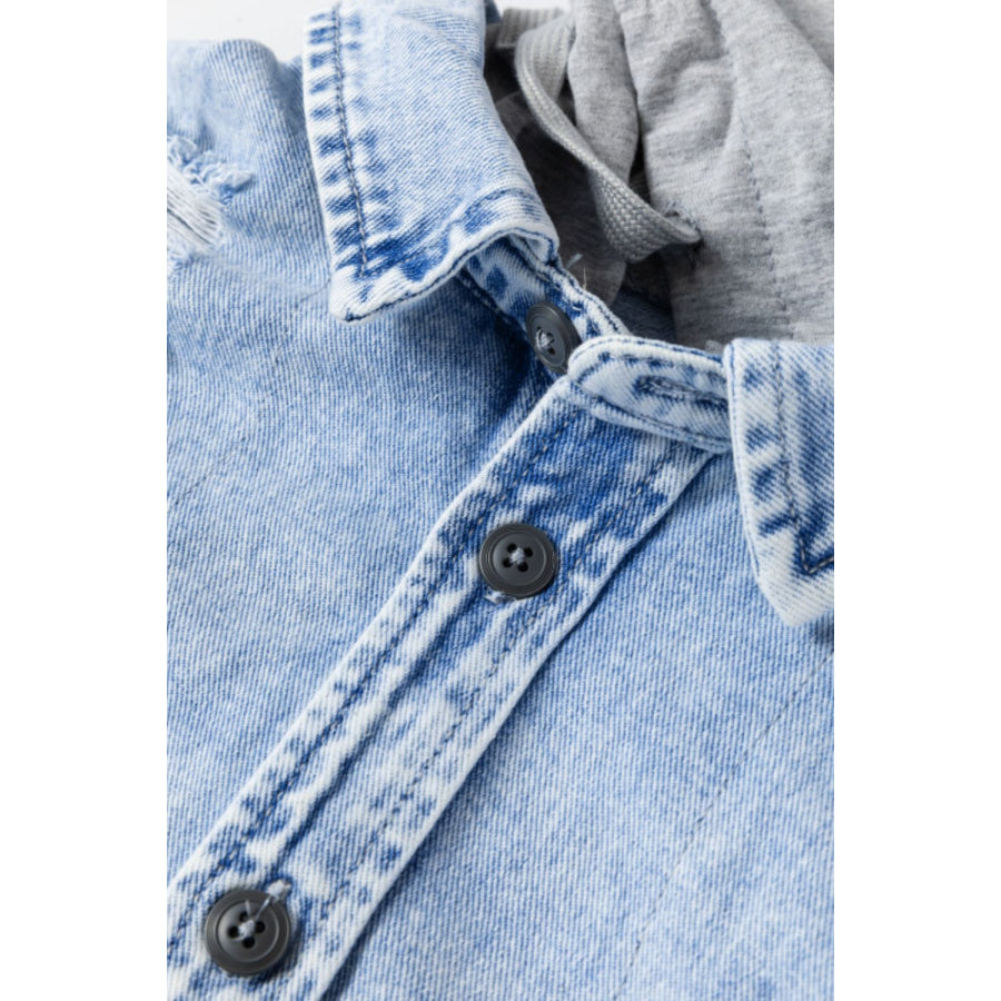 Distressed Button Up Hooded Denim Jacket with Pockets Apparel and Accessories