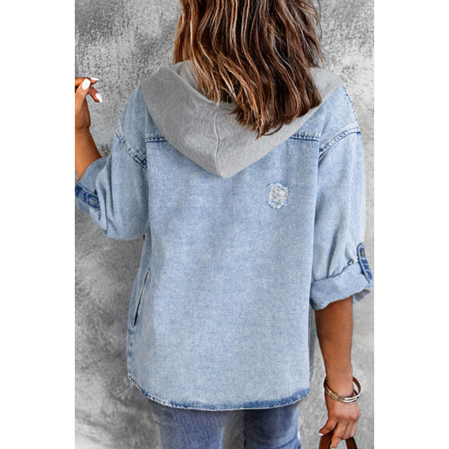 Distressed Button Up Hooded Denim Jacket with Pockets Apparel and Accessories