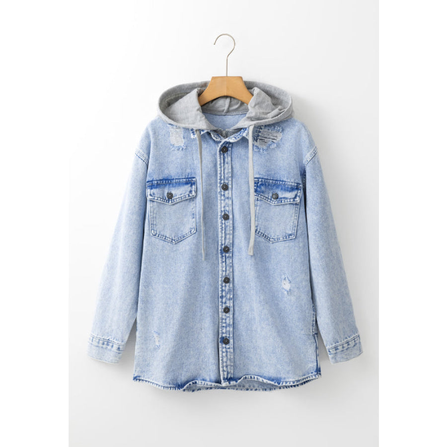 Distressed Button Up Hooded Denim Jacket with Pockets Apparel and Accessories