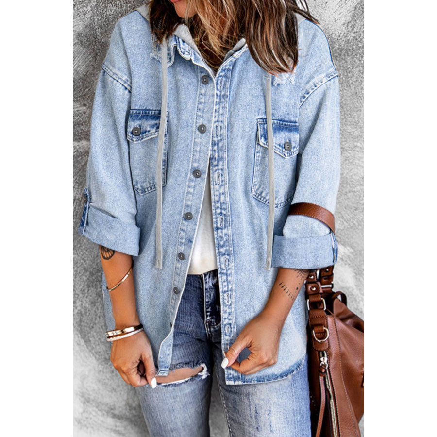 Distressed Button Up Hooded Denim Jacket with Pockets Medium / S Apparel and Accessories