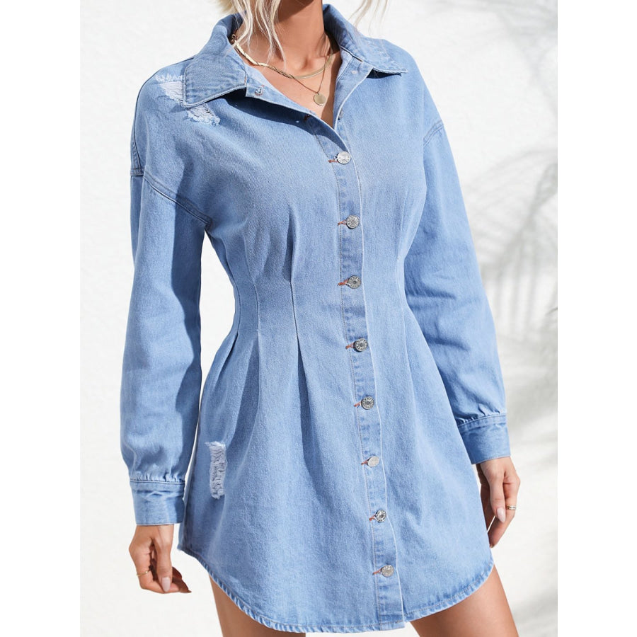 Distressed Button Up Long Sleeve Denim Dress Apparel and Accessories