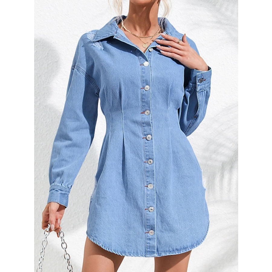 Distressed Button Up Long Sleeve Denim Dress Apparel and Accessories