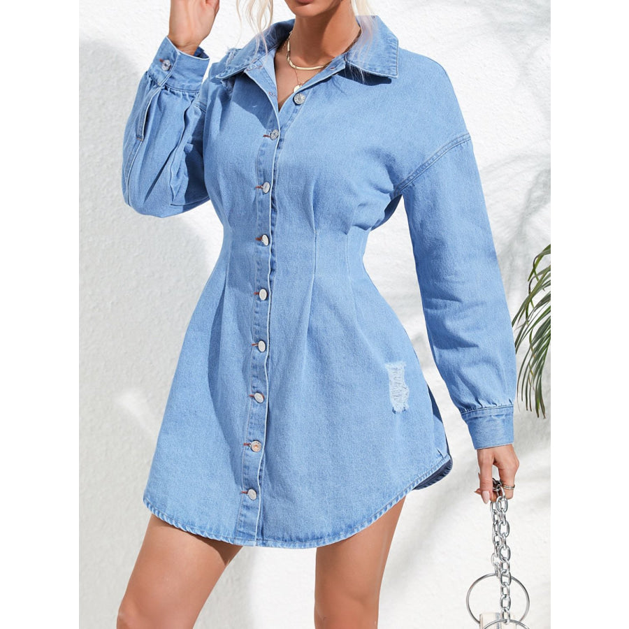 Distressed Button Up Long Sleeve Denim Dress Light / XS Apparel and Accessories