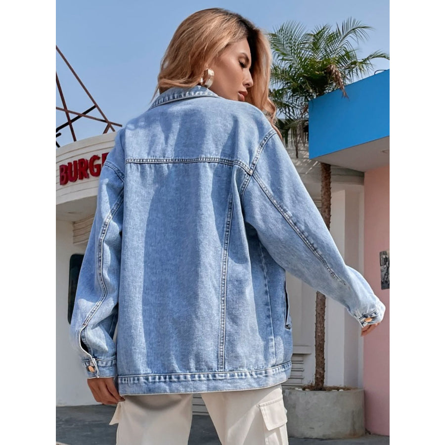 Distressed Button Up Long Sleeve Denim Top Apparel and Accessories