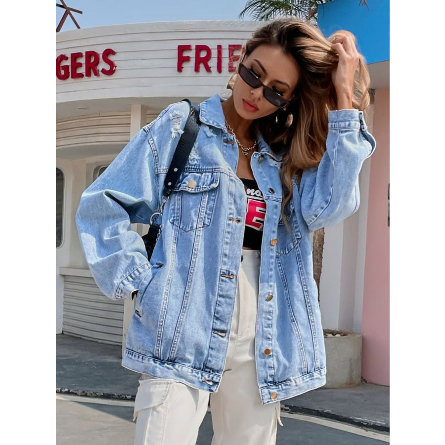 Distressed Button Up Long Sleeve Denim Top Apparel and Accessories