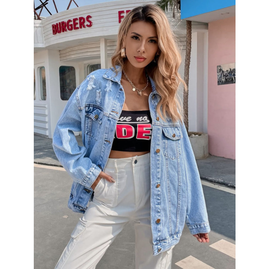 Distressed Button Up Long Sleeve Denim Top Apparel and Accessories