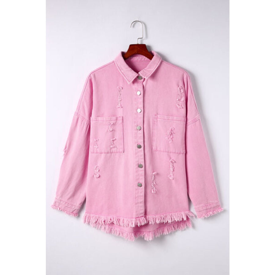 Distressed Button Up Raw Hem Denim Jacket Carnation Pink / S Clothing