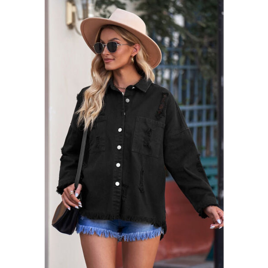 Distressed Button Up Raw Hem Denim Jacket Clothing