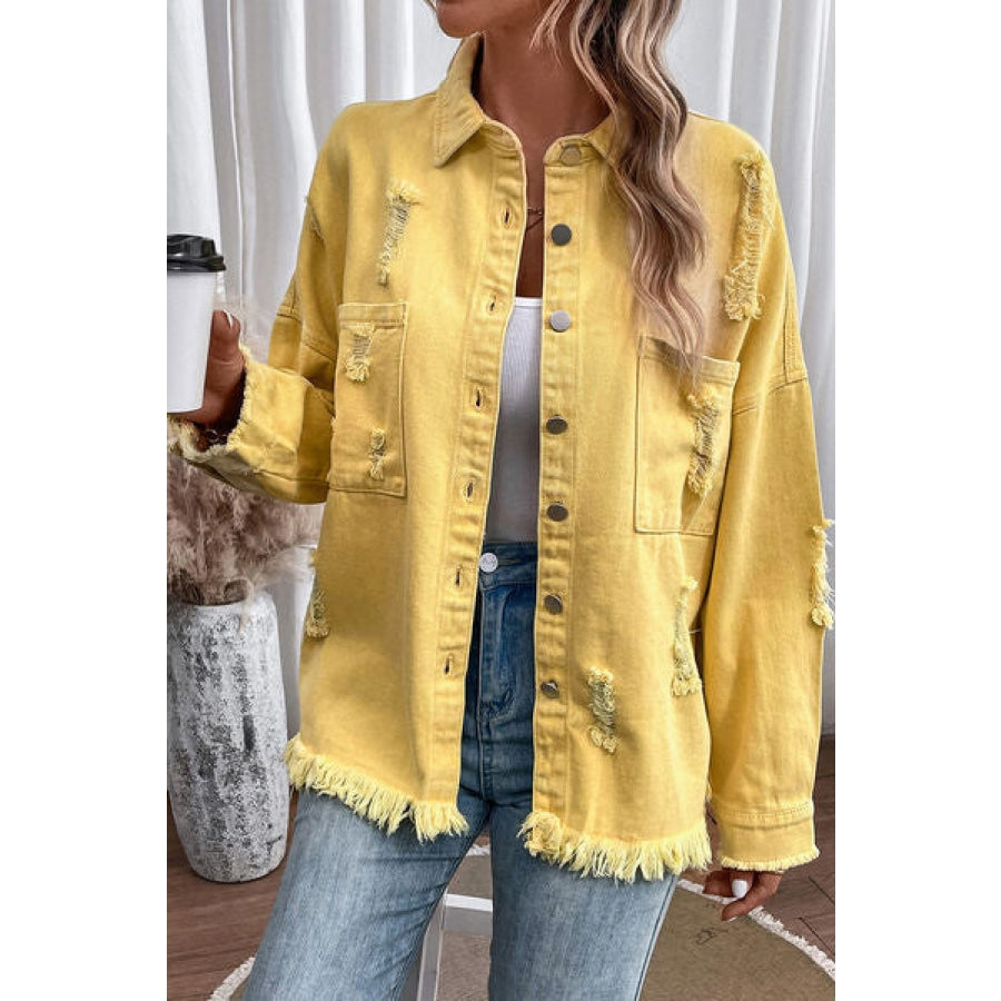 Distressed Button Up Raw Hem Denim Jacket True Yellow / S Clothing