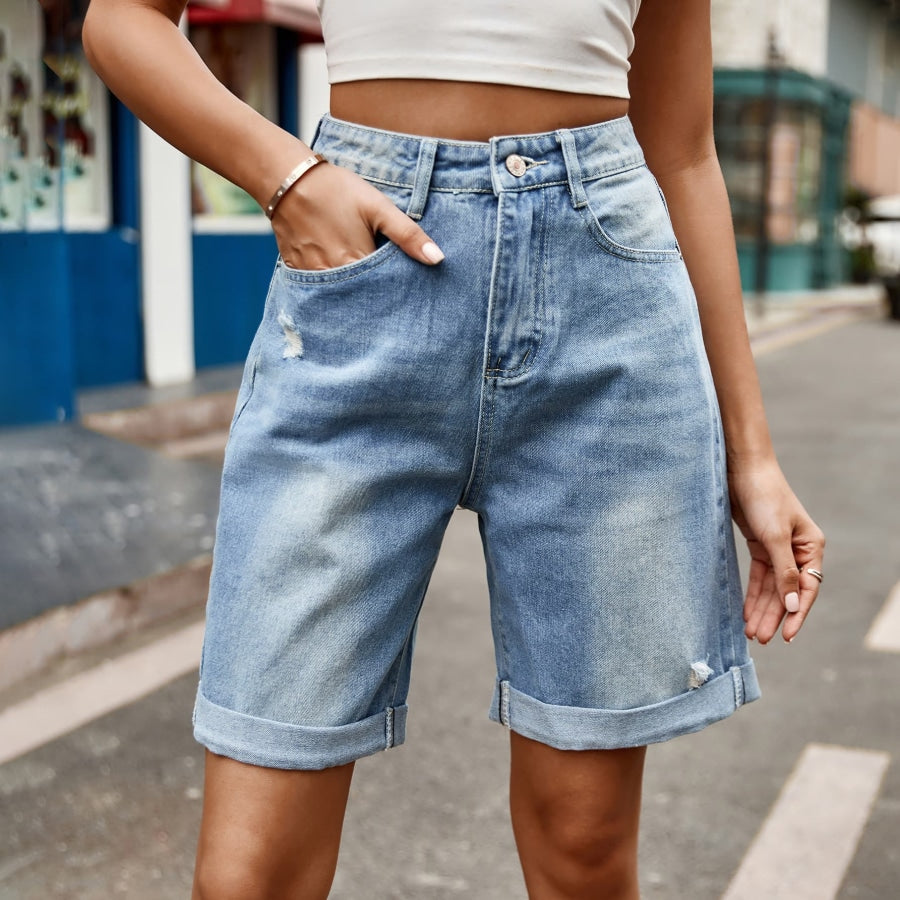 Distressed Buttoned Denim Shorts with Pockets Medium / S