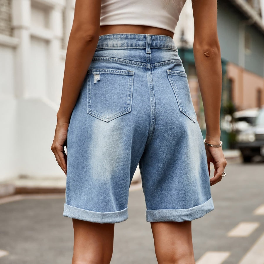 Distressed Buttoned Denim Shorts with Pockets Medium / S