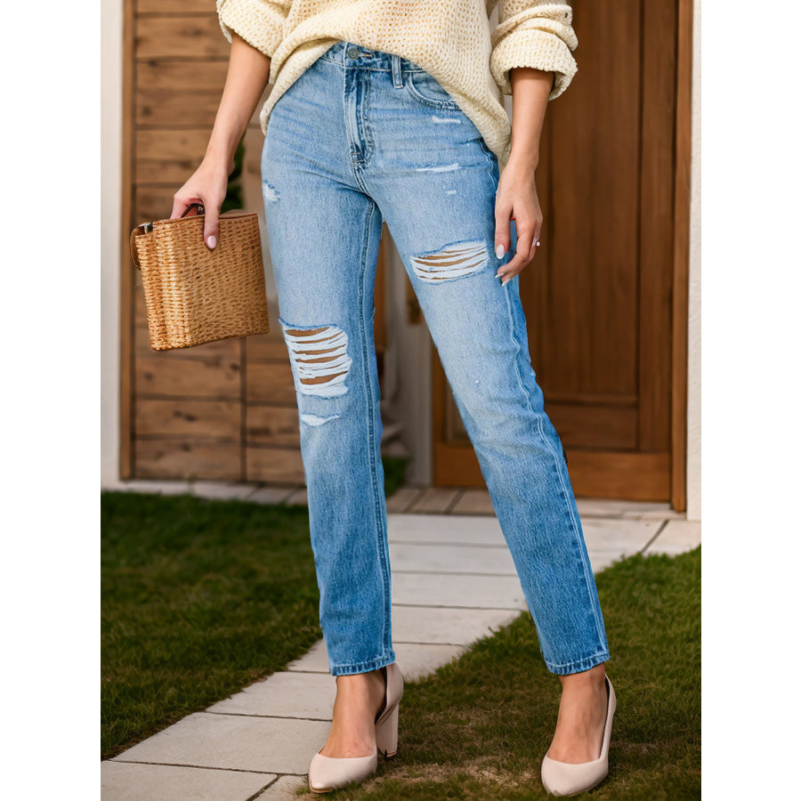 Distressed Buttoned Jeans with Pockets Apparel and Accessories