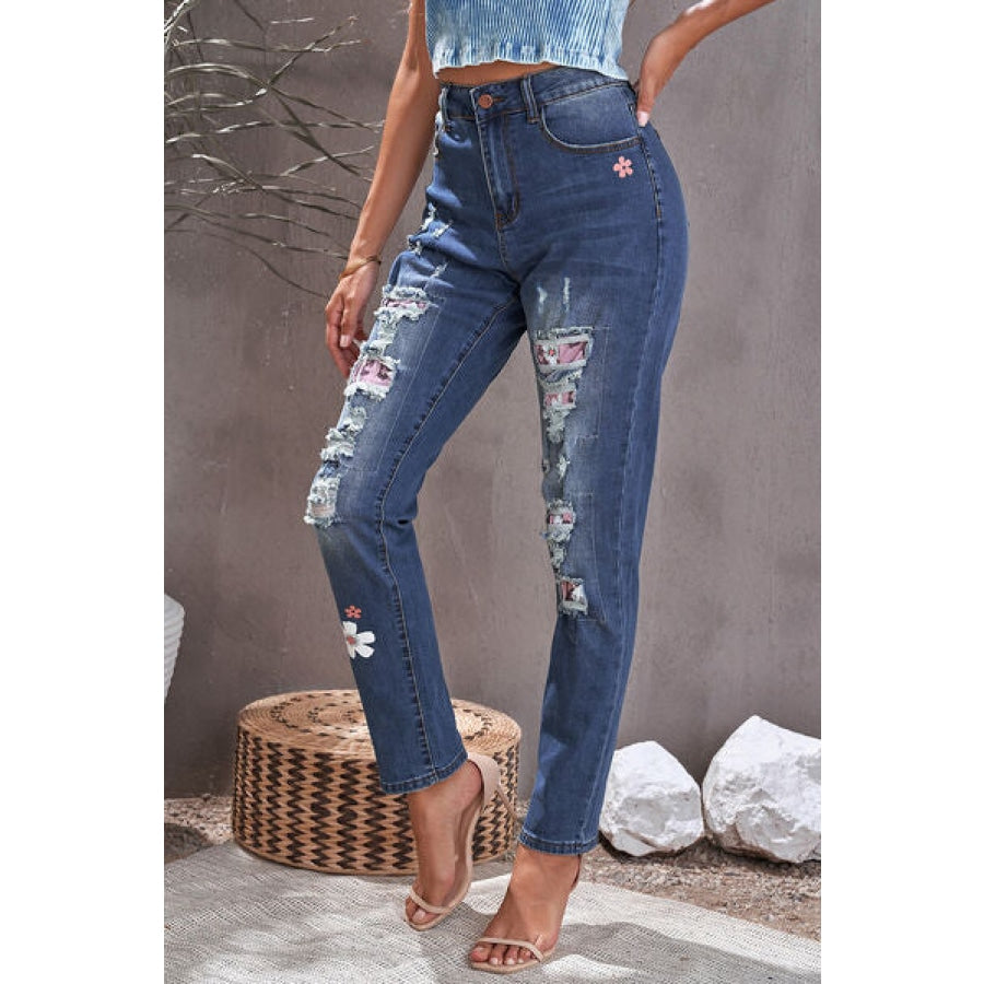 Distressed Buttoned Jeans with Pockets Blush Pink / 4 Clothing
