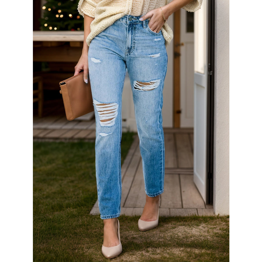 Distressed Buttoned Jeans with Pockets Light / S Apparel and Accessories