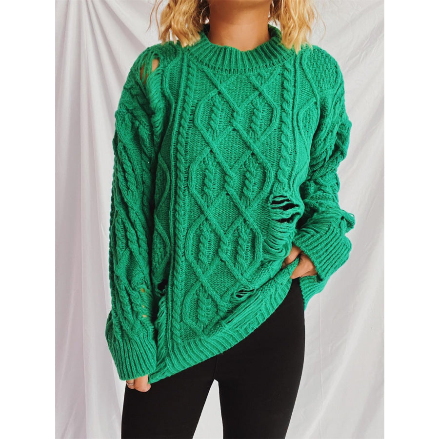 Distressed Cable-Knit Round Neck Long Sleeve Sweater Apparel and Accessories