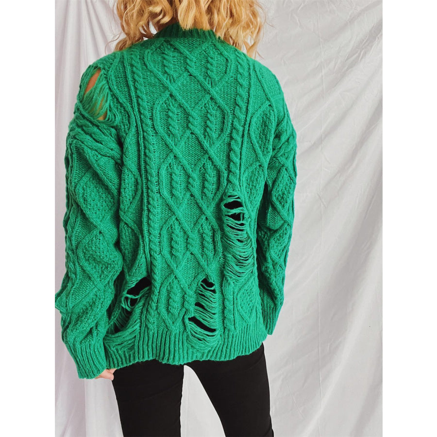 Distressed Cable-Knit Round Neck Long Sleeve Sweater Apparel and Accessories