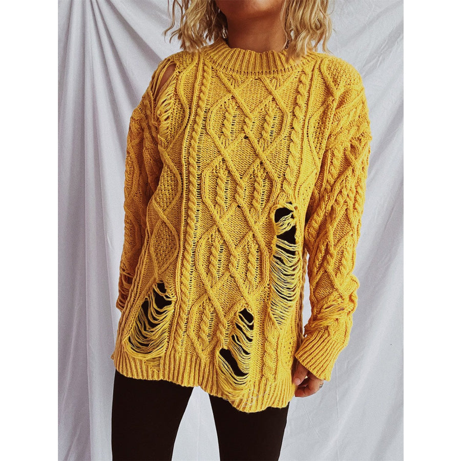 Distressed Cable-Knit Round Neck Long Sleeve Sweater Apparel and Accessories