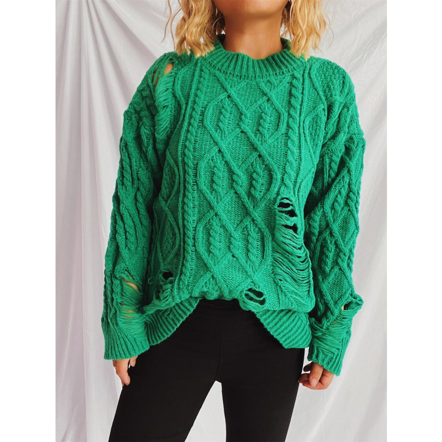 Distressed Cable-Knit Round Neck Long Sleeve Sweater Apparel and Accessories