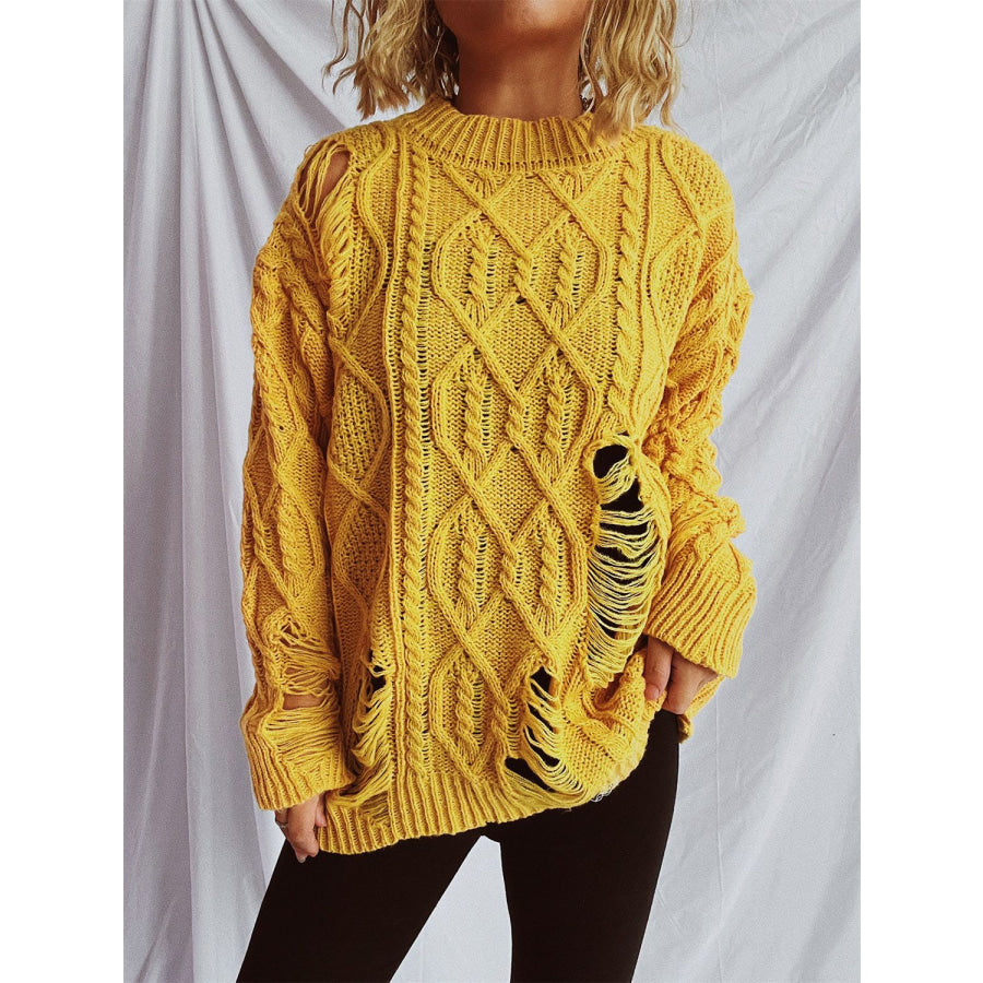 Distressed Cable-Knit Round Neck Long Sleeve Sweater Apparel and Accessories