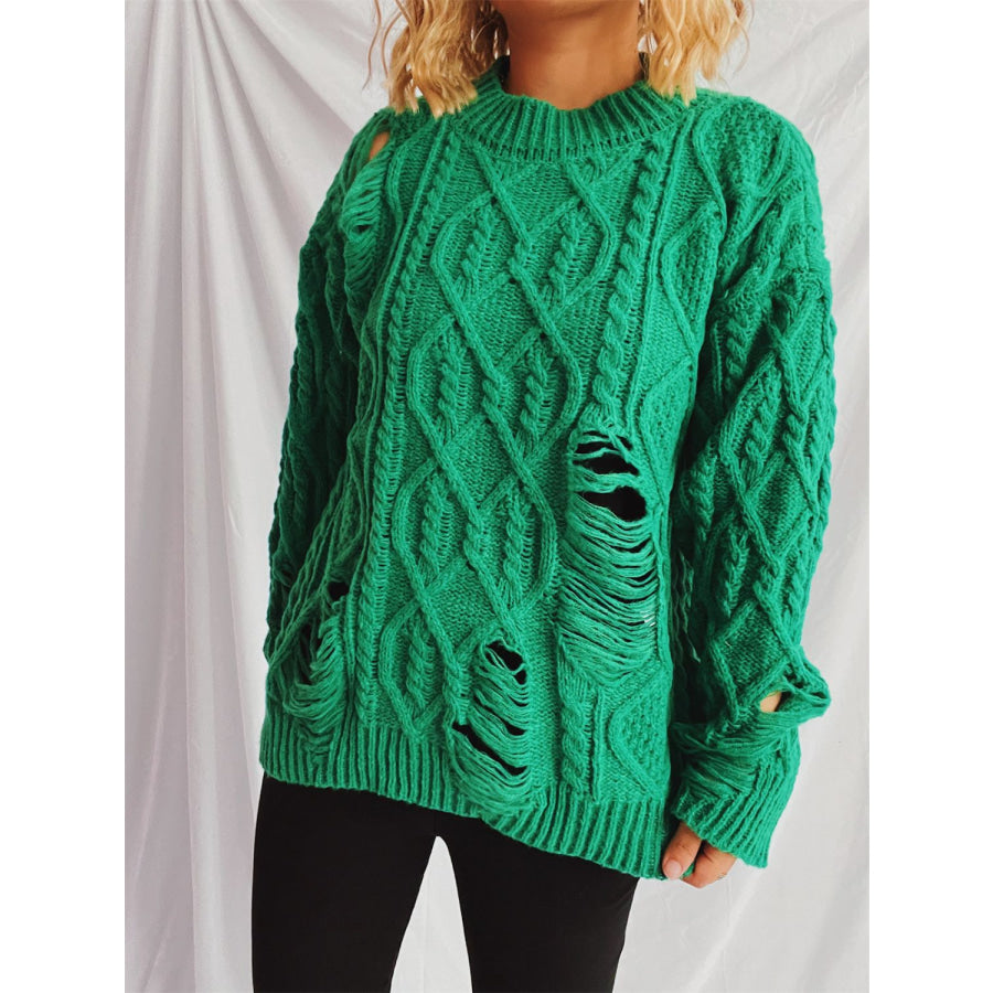 Distressed Cable-Knit Round Neck Long Sleeve Sweater Apparel and Accessories