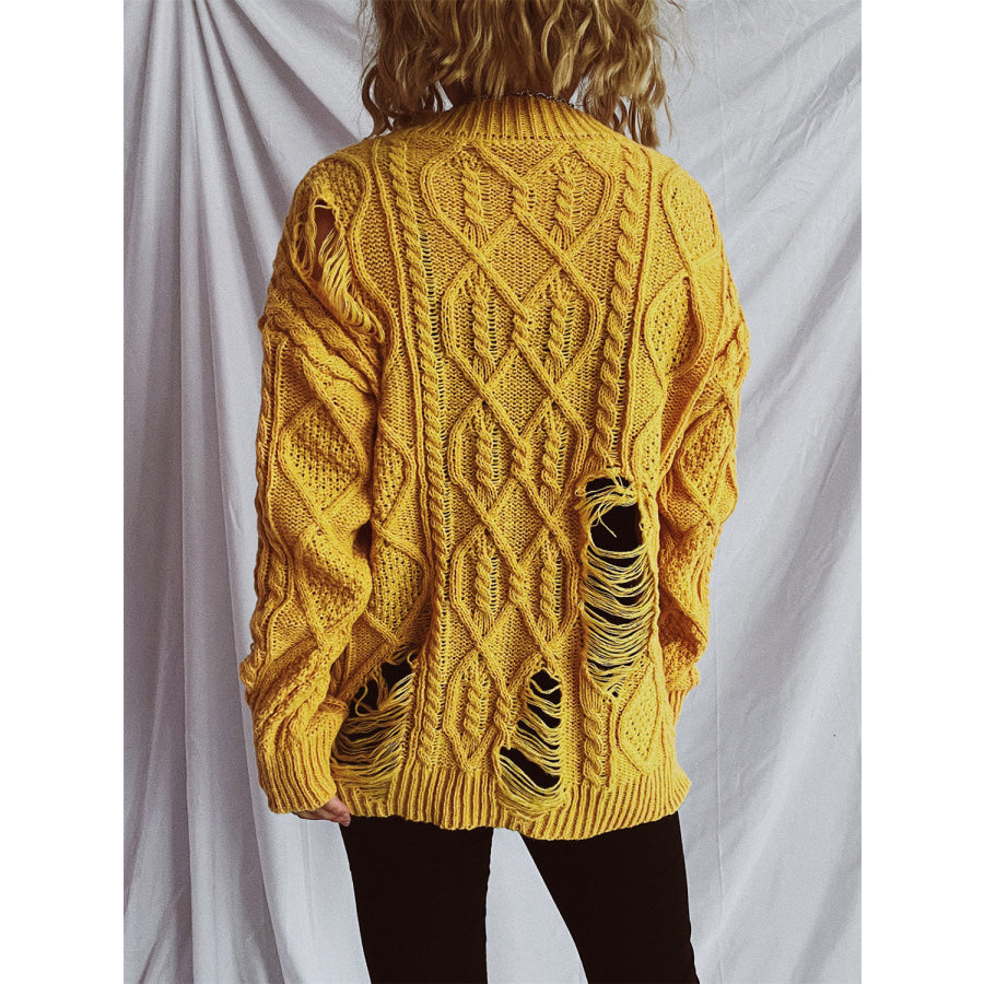 Distressed Cable-Knit Round Neck Long Sleeve Sweater Apparel and Accessories