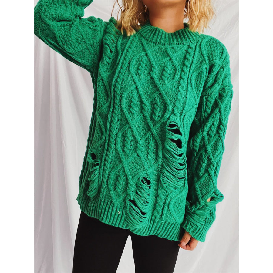 Distressed Cable-Knit Round Neck Long Sleeve Sweater Apparel and Accessories