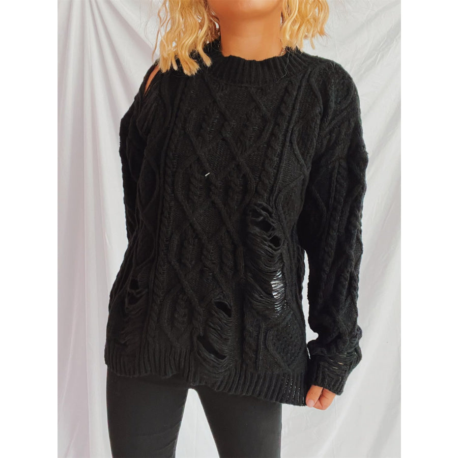 Distressed Cable-Knit Round Neck Long Sleeve Sweater Apparel and Accessories