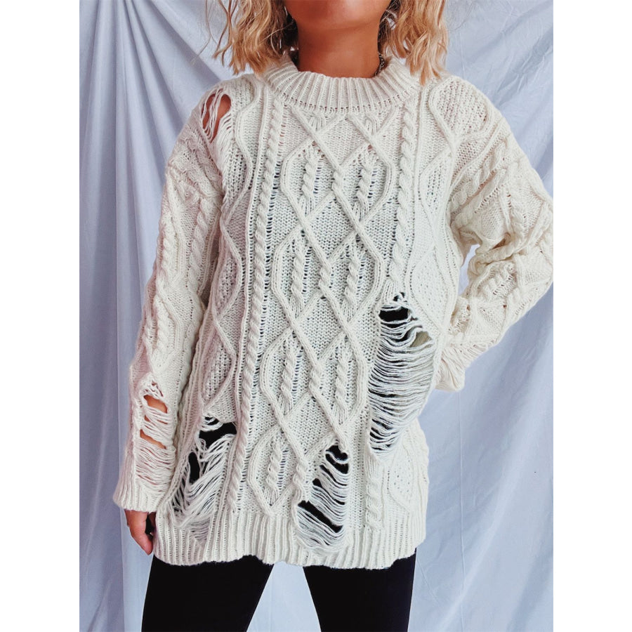 Distressed Cable-Knit Round Neck Long Sleeve Sweater Apparel and Accessories