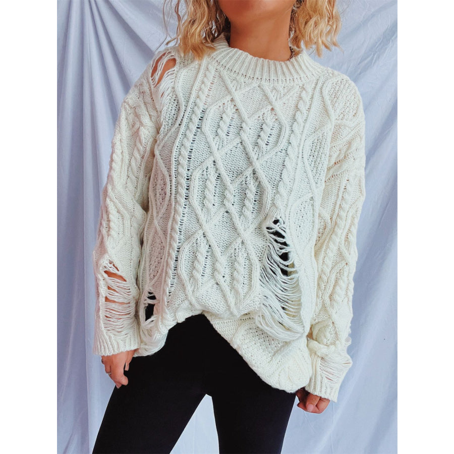 Distressed Cable-Knit Round Neck Long Sleeve Sweater Apparel and Accessories