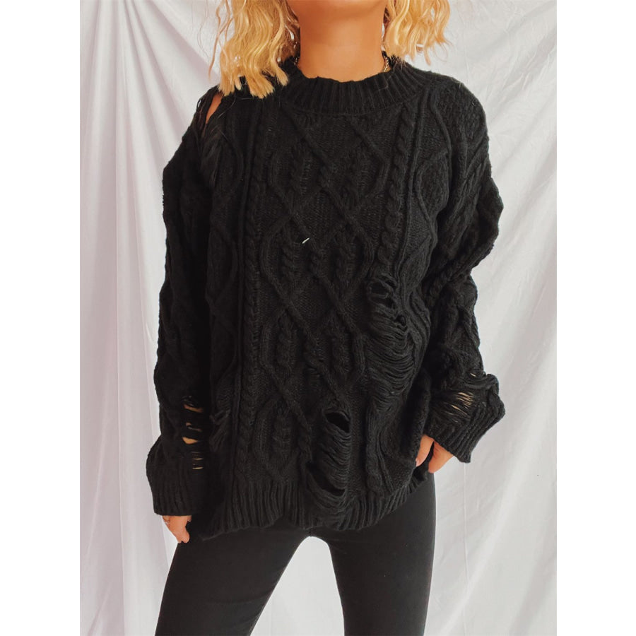 Distressed Cable-Knit Round Neck Long Sleeve Sweater Black / One Size Apparel and Accessories