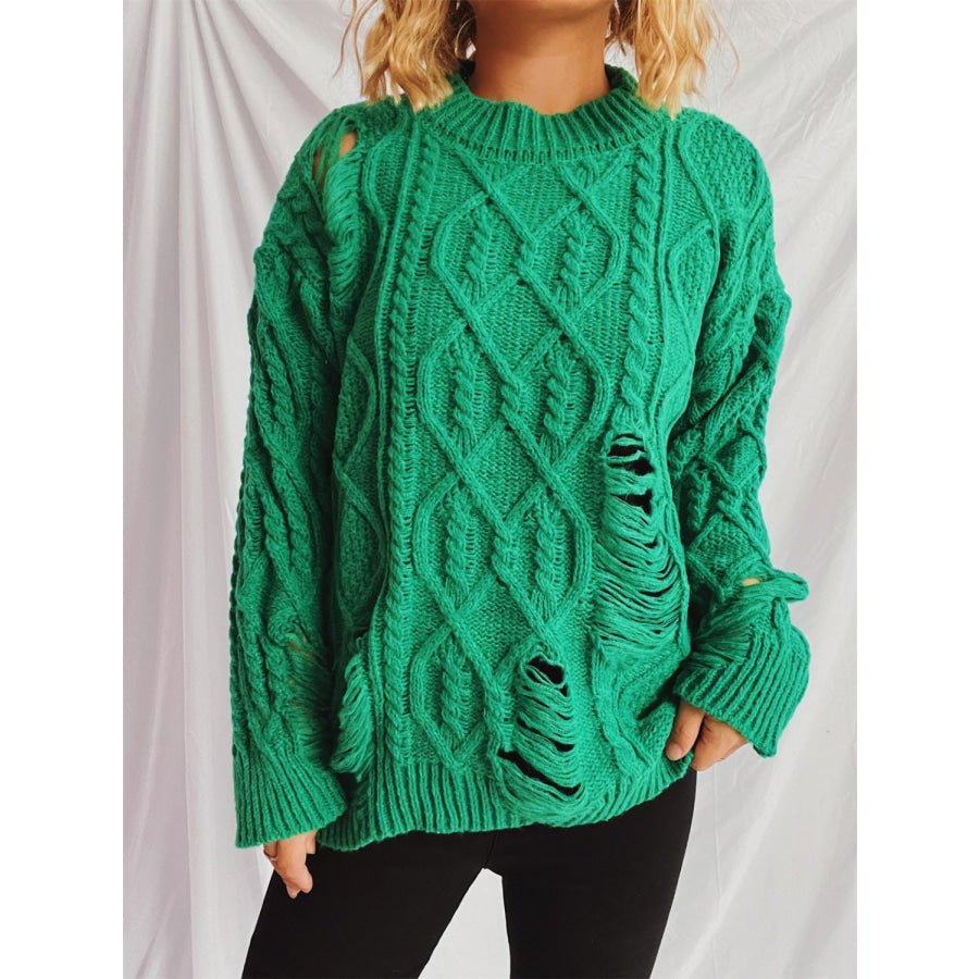 Distressed Cable-Knit Round Neck Long Sleeve Sweater Green / One Size Apparel and Accessories