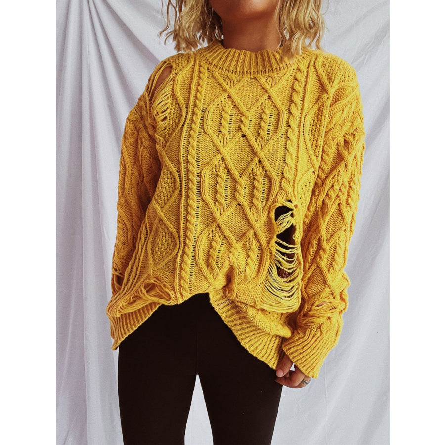 Distressed Cable-Knit Round Neck Long Sleeve Sweater Mustard / One Size Apparel and Accessories