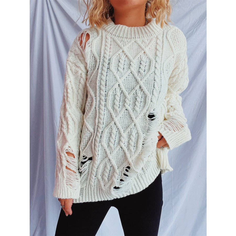 Distressed Cable-Knit Round Neck Long Sleeve Sweater White / One Size Apparel and Accessories