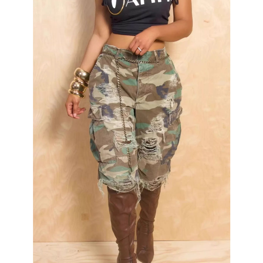 Distressed Camouflage Cargo Shorts Apparel and Accessories