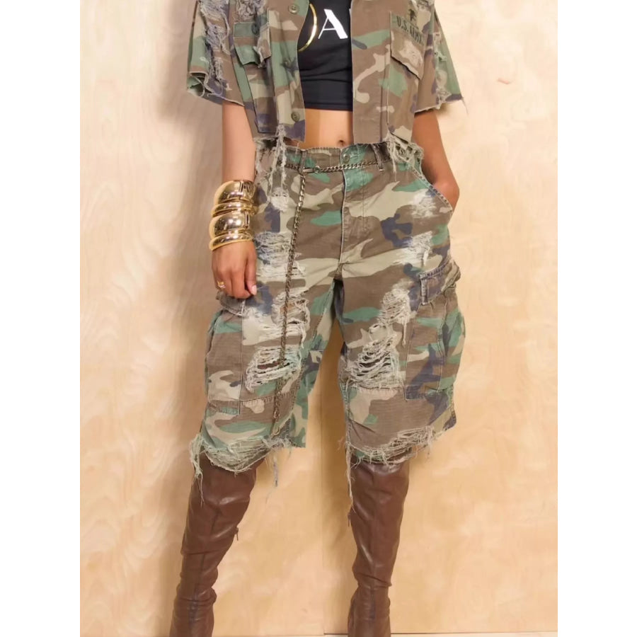 Distressed Camouflage Cargo Shorts Apparel and Accessories