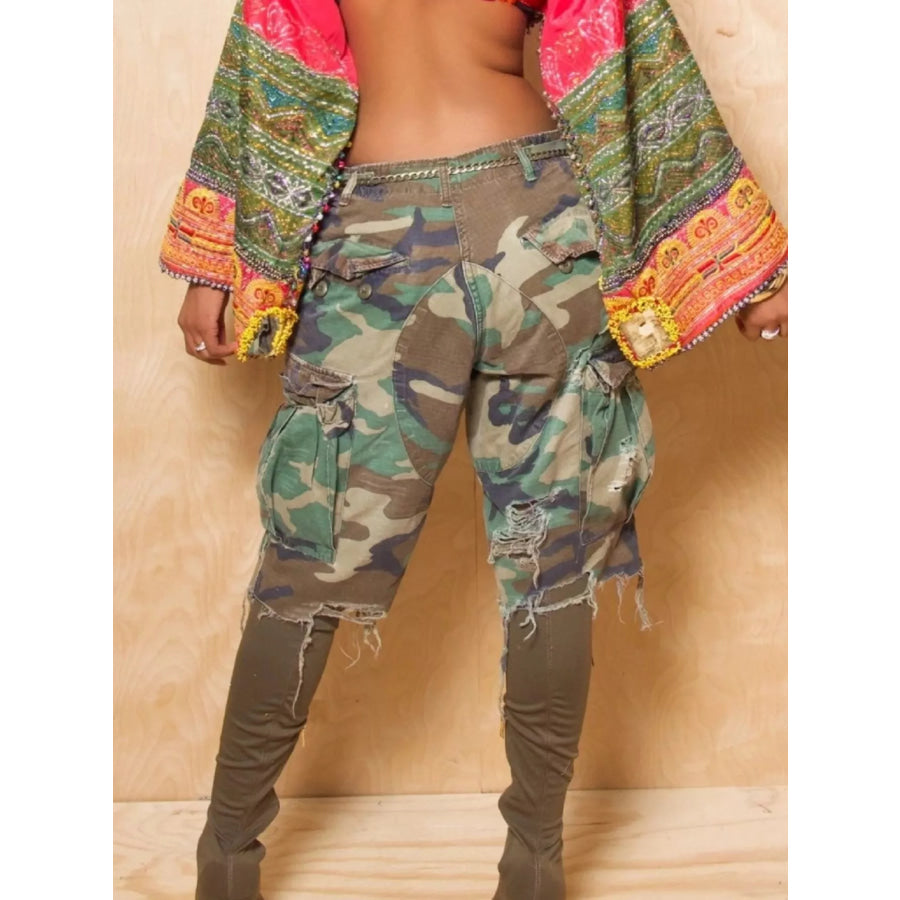 Distressed Camouflage Cargo Shorts Apparel and Accessories