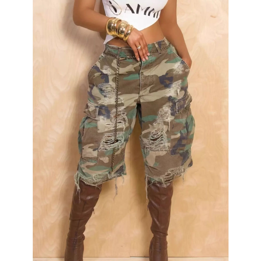 Distressed Camouflage Cargo Shorts Camouflage / S Apparel and Accessories