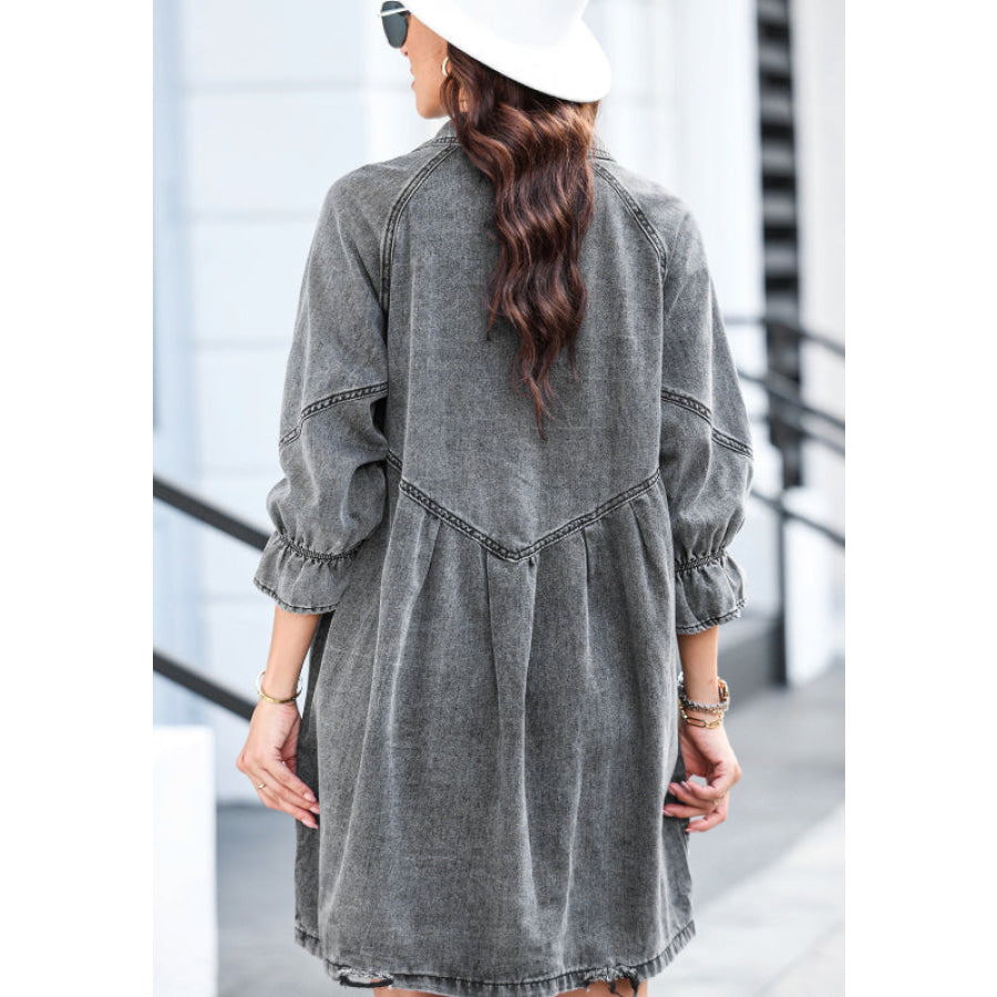 Distressed Collared Neck Flounce Sleeve Denim Dress Apparel and Accessories