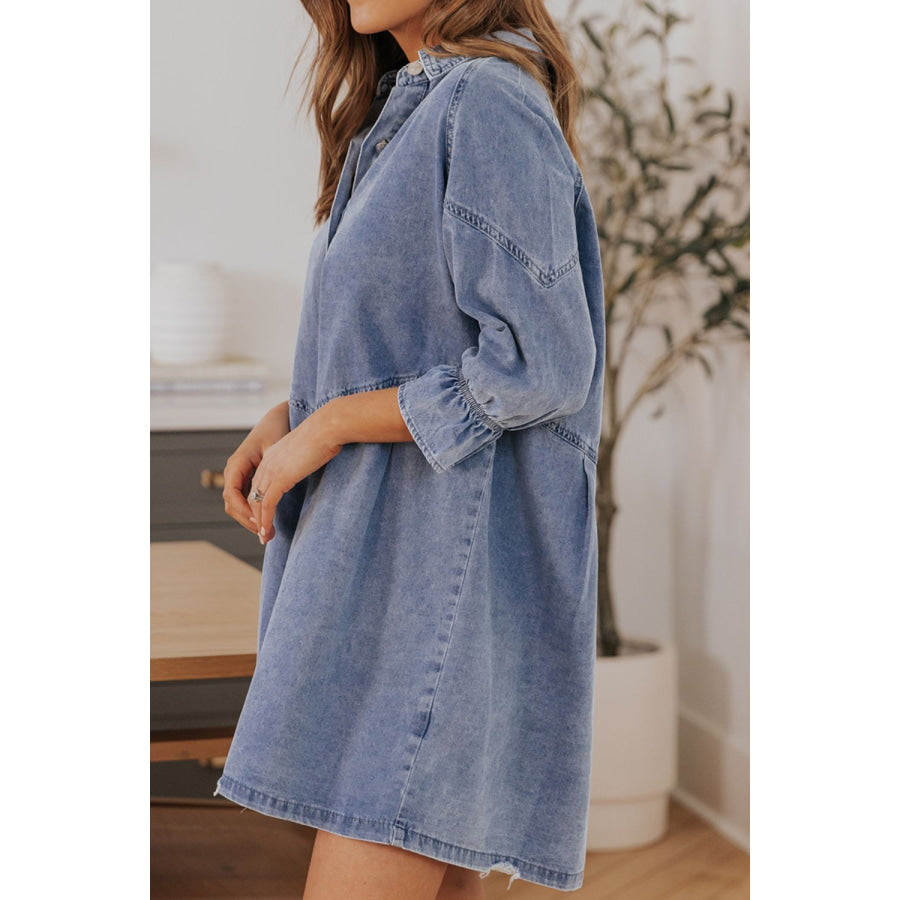 Distressed Collared Neck Flounce Sleeve Denim Dress Apparel and Accessories