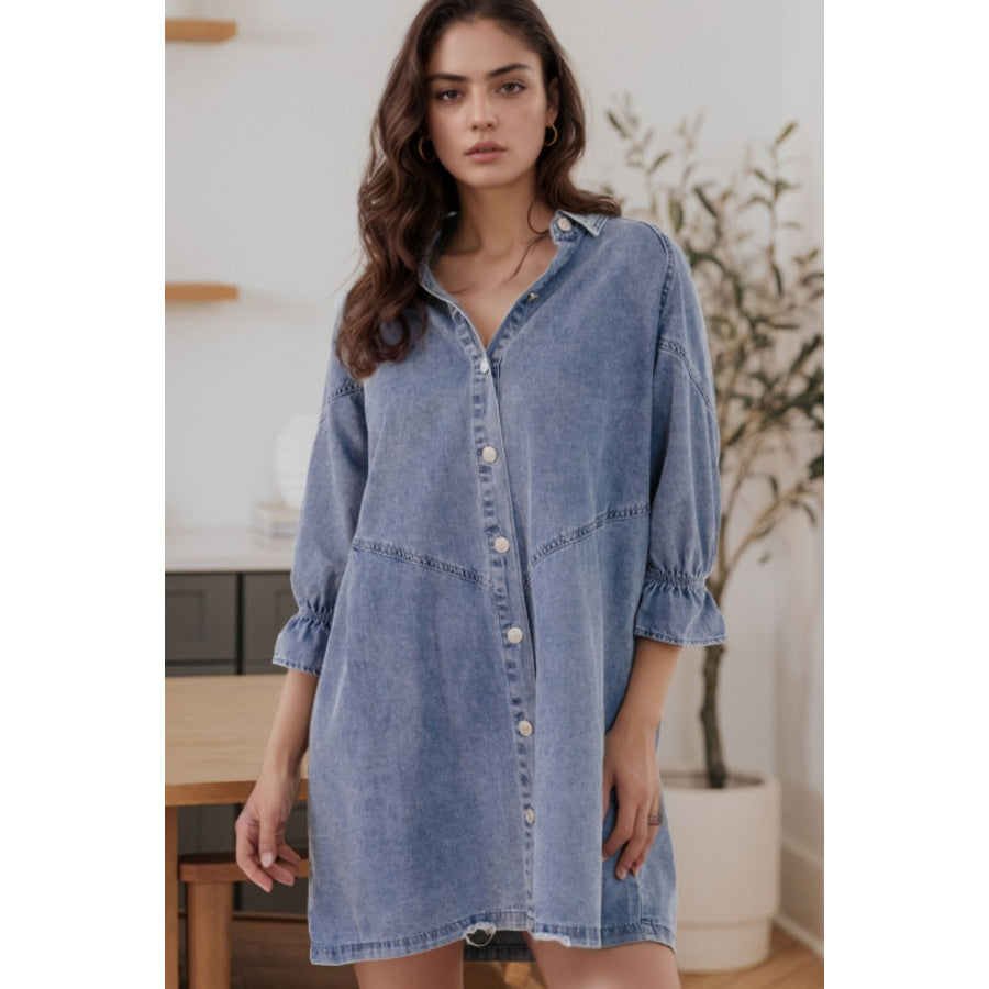 Distressed Collared Neck Flounce Sleeve Denim Dress Apparel and Accessories