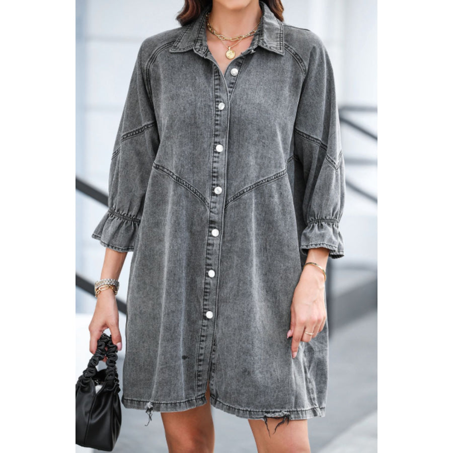 Distressed Collared Neck Flounce Sleeve Denim Dress Apparel and Accessories