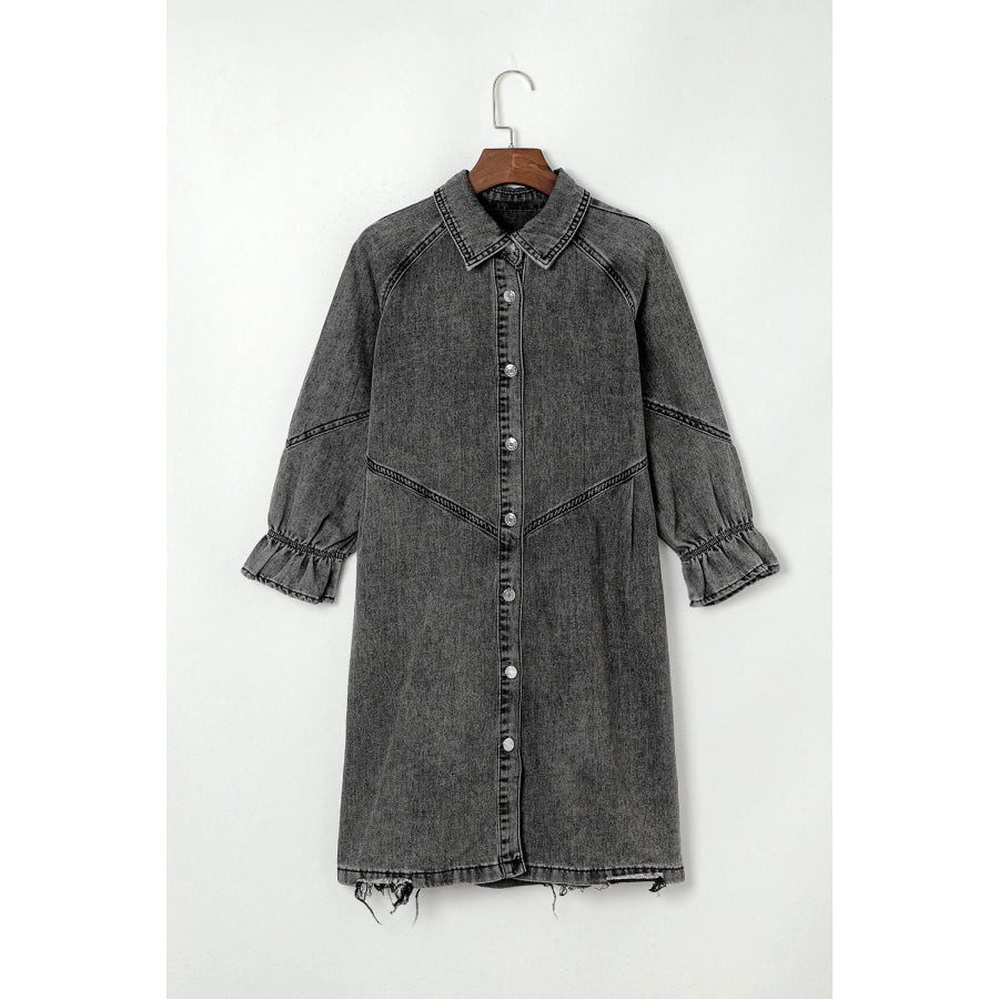 Distressed Collared Neck Flounce Sleeve Denim Dress Apparel and Accessories