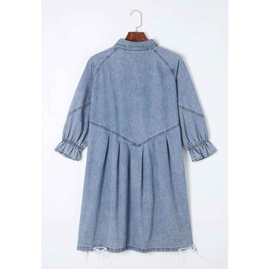 Distressed Collared Neck Flounce Sleeve Denim Dress Apparel and Accessories