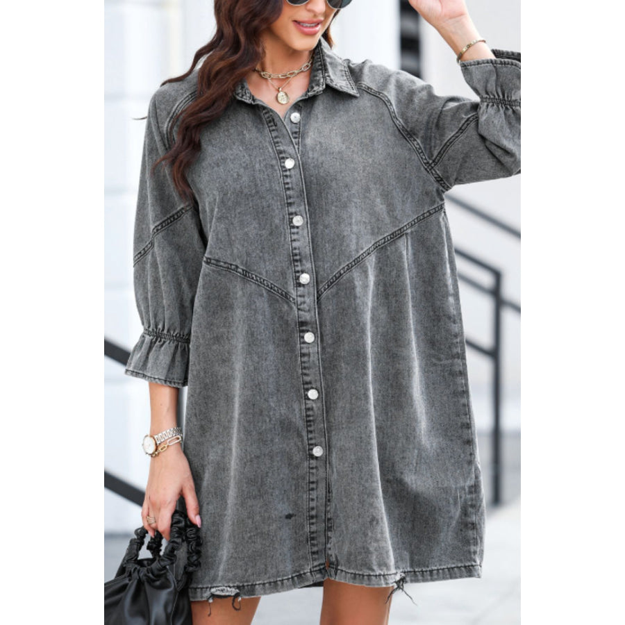 Distressed Collared Neck Flounce Sleeve Denim Dress Apparel and Accessories