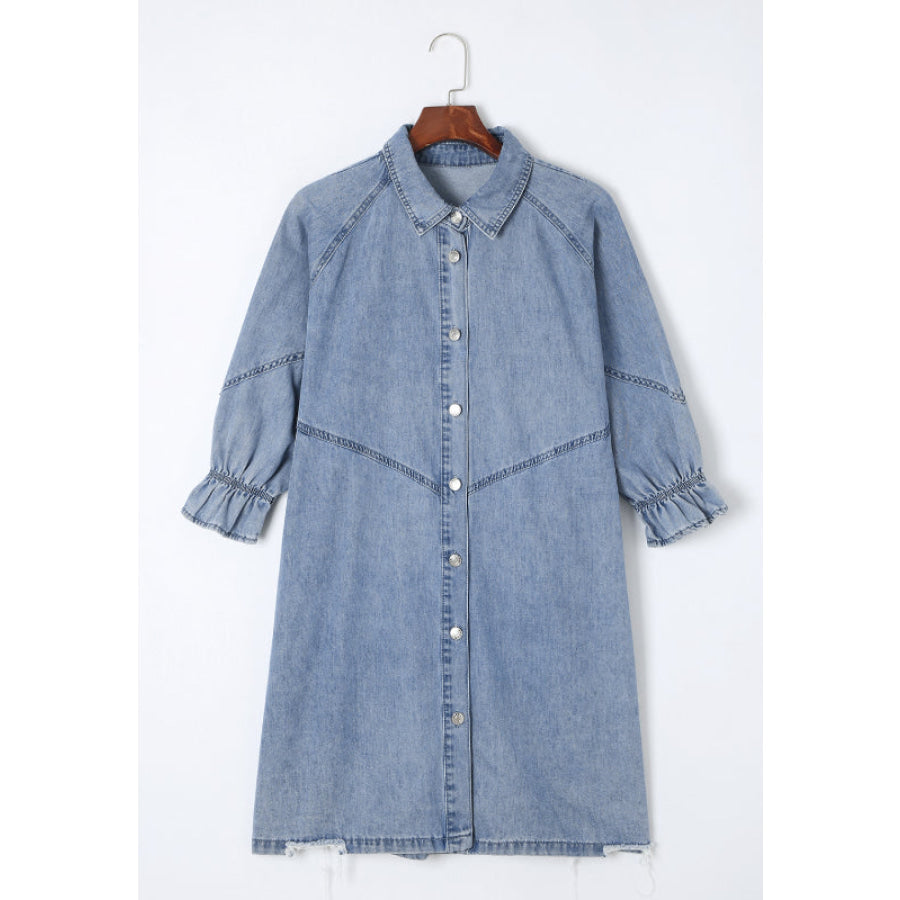 Distressed Collared Neck Flounce Sleeve Denim Dress Apparel and Accessories